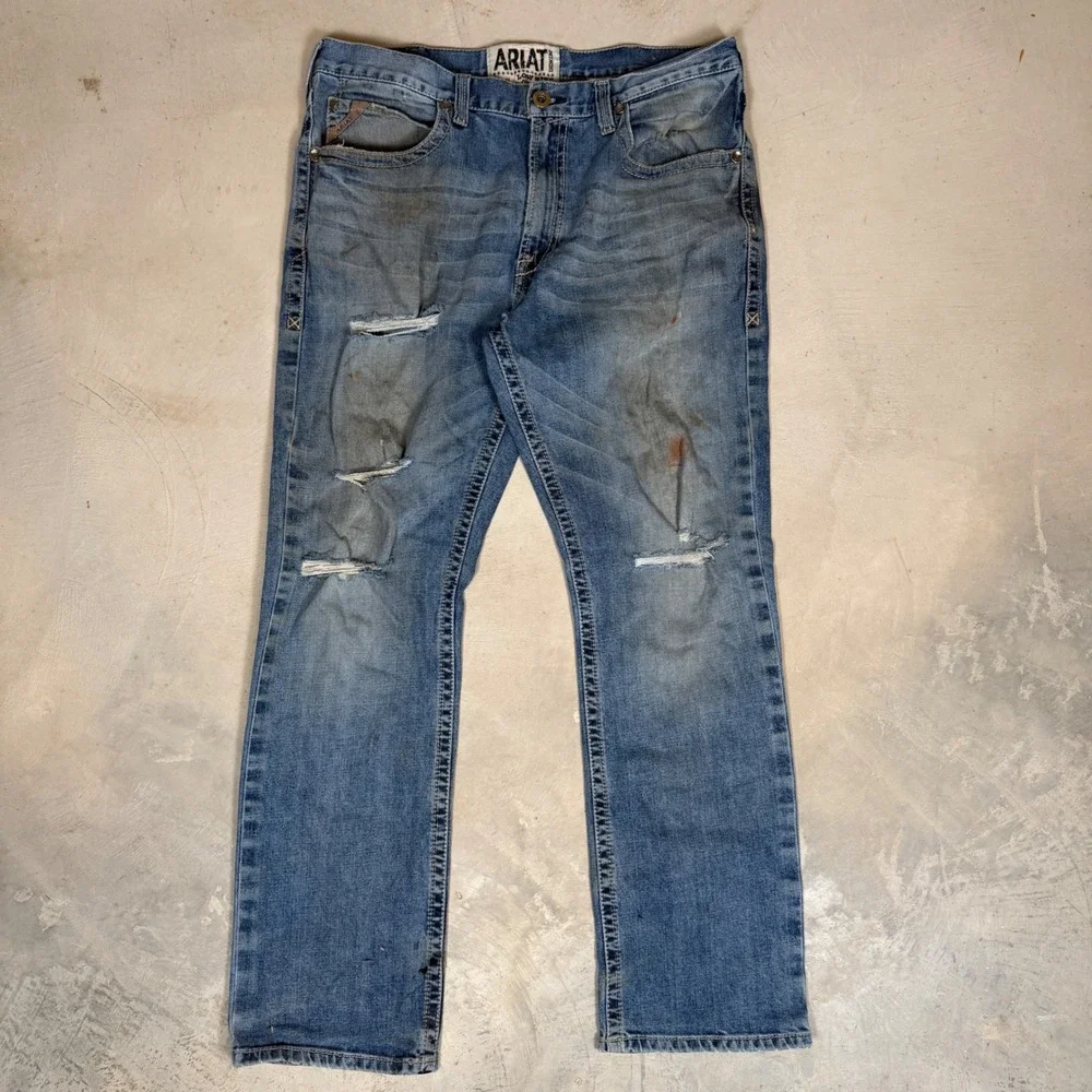Ariat M4 Low Rise Straight Leg Jeans‎ Mens 38x32 Medium Wash Distressed 10032086